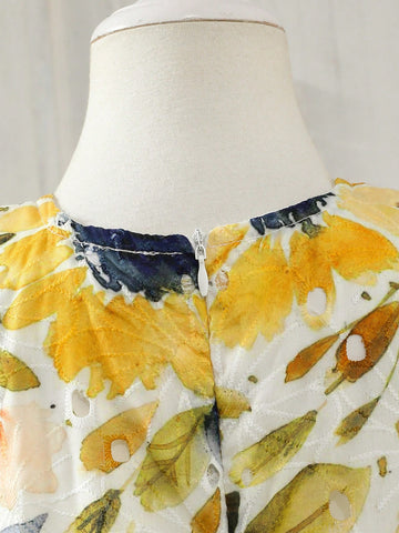 Girls Sleeveless Hollow Floral Bow Decor A-Line Dress, 3D Floral Front, Suitable For Children's Party, Family Gathering, Festivals And Daily Wear