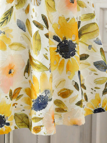 Girls Sleeveless Hollow Floral Bow Decor A-Line Dress, 3D Floral Front, Suitable For Children's Party, Family Gathering, Festivals And Daily Wear