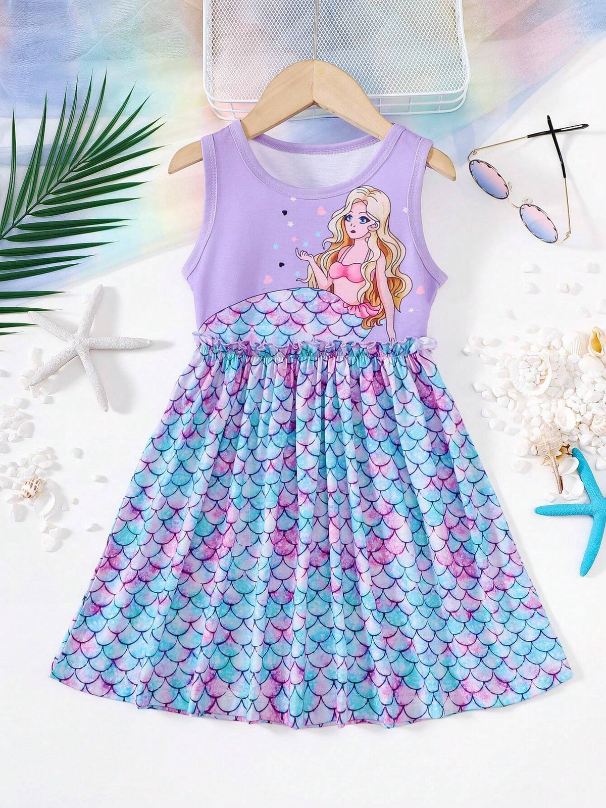 Girls" Sleeveless Mermaid Printed Dress, Summer Sweet And Cute Style, Breathable And Refreshing