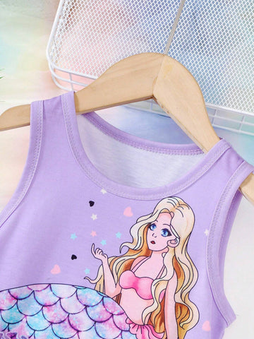 Girls" Sleeveless Mermaid Printed Dress, Summer Sweet And Cute Style, Breathable And Refreshing
