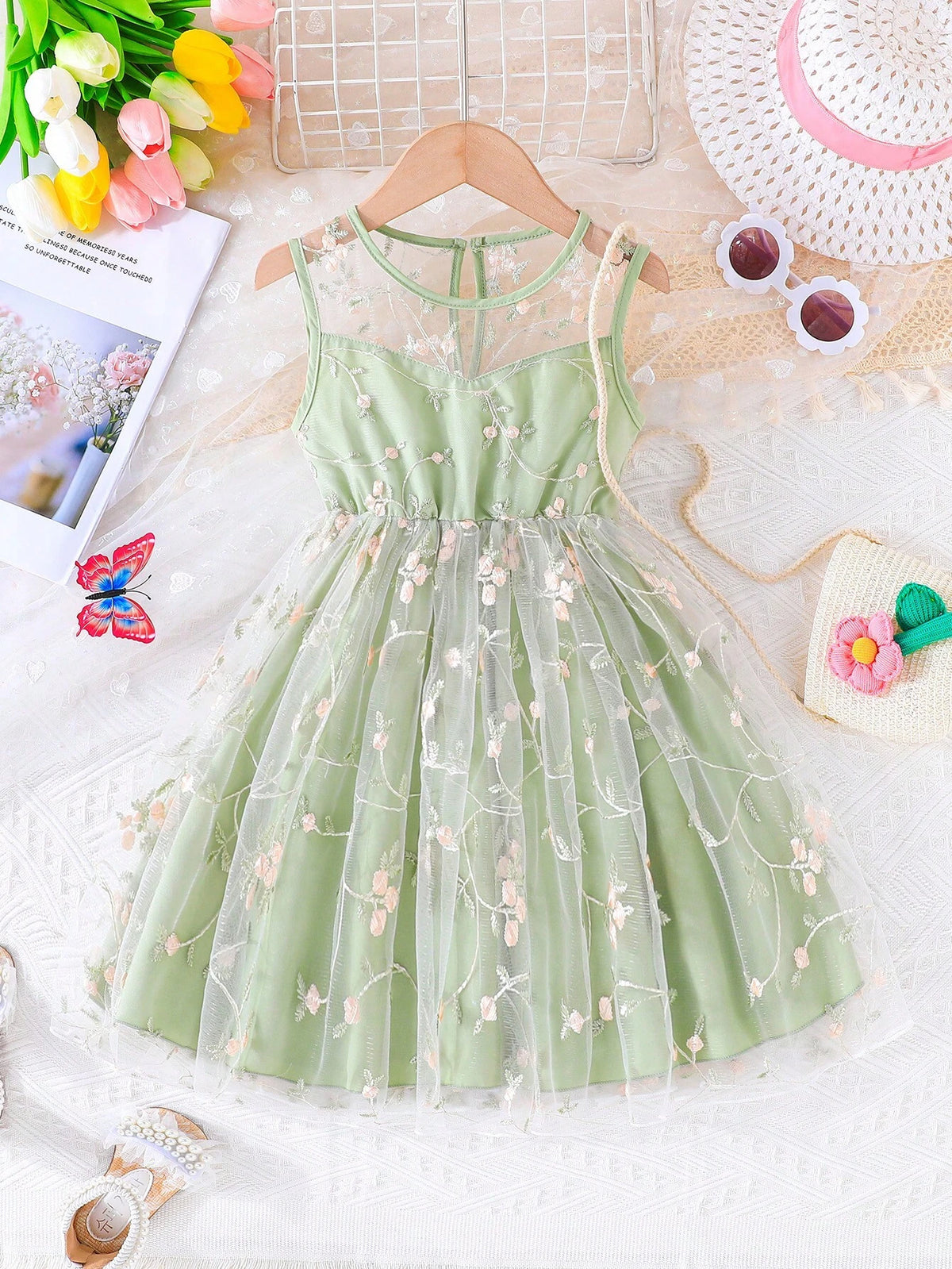 Girls" Sleeveless Mesh Spliced Round Neck Embroidered Flower Double Layered Mesh Forest Style Dress For Summer