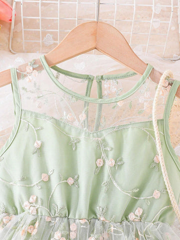 Girls" Sleeveless Mesh Spliced Round Neck Embroidered Flower Double Layered Mesh Forest Style Dress For Summer