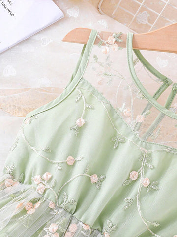 Girls" Sleeveless Mesh Spliced Round Neck Embroidered Flower Double Layered Mesh Forest Style Dress For Summer