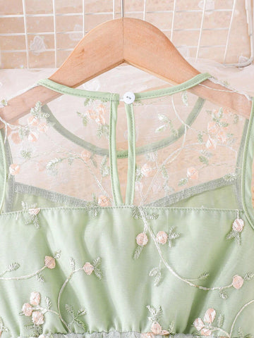 Girls" Sleeveless Mesh Spliced Round Neck Embroidered Flower Double Layered Mesh Forest Style Dress For Summer