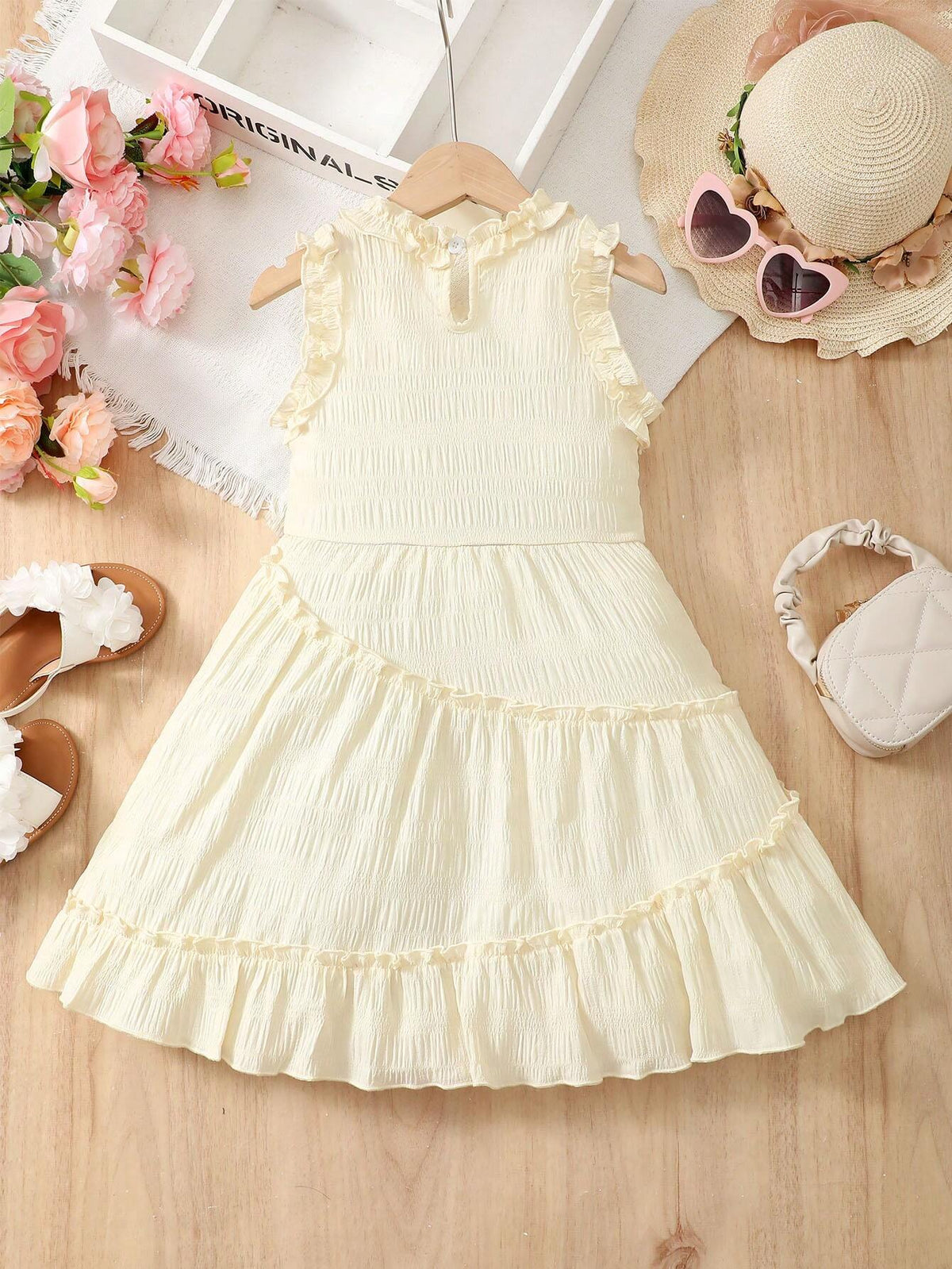 Girls' Sleeveless Midi Dress (4-7 Years), Summer, Solid Color Textured Fabric, Irregular Hemline With Wave Edge, Suitable For Any Occasion As A Formal Dress