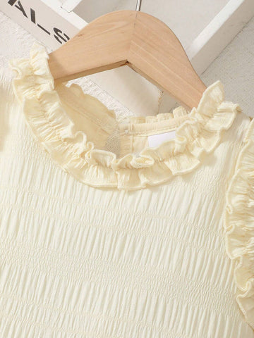 Girls' Sleeveless Midi Dress (4-7 Years), Summer, Solid Color Textured Fabric, Irregular Hemline With Wave Edge, Suitable For Any Occasion As A Formal Dress