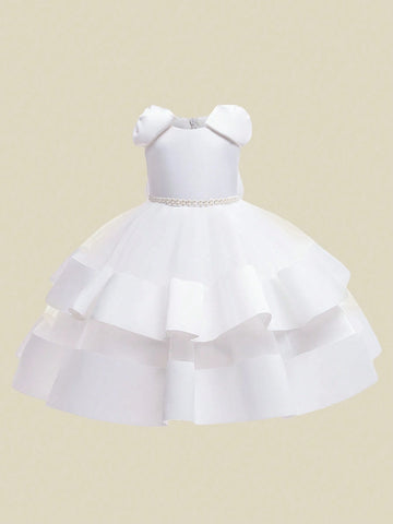 Girls Sleeveless Tulle & Satin Ruffle Dress With Bow Decoration, Elegant Fancy Dress For Flower Girl And Party