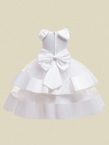 Girls Sleeveless Tulle & Satin Ruffle Dress With Bow Decoration, Elegant Fancy Dress For Flower Girl And Party