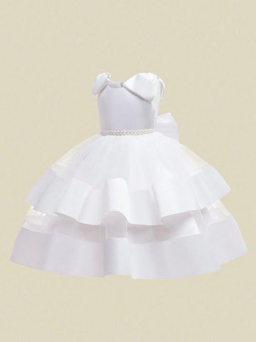 Girls Sleeveless Tulle & Satin Ruffle Dress With Bow Decoration, Elegant Fancy Dress For Flower Girl And Party
