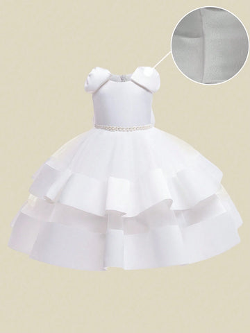 Girls Sleeveless Tulle & Satin Ruffle Dress With Bow Decoration, Elegant Fancy Dress For Flower Girl And Party