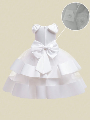 Girls Sleeveless Tulle & Satin Ruffle Dress With Bow Decoration, Elegant Fancy Dress For Flower Girl And Party