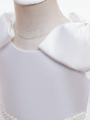 Girls Sleeveless Tulle & Satin Ruffle Dress With Bow Decoration, Elegant Fancy Dress For Flower Girl And Party