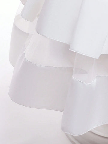 Girls Sleeveless Tulle & Satin Ruffle Dress With Bow Decoration, Elegant Fancy Dress For Flower Girl And Party