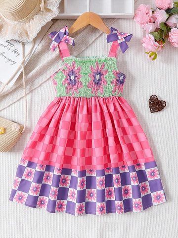 Girls" Slim Fit Patchwork Plaid Countryside Style Suspenders Dress