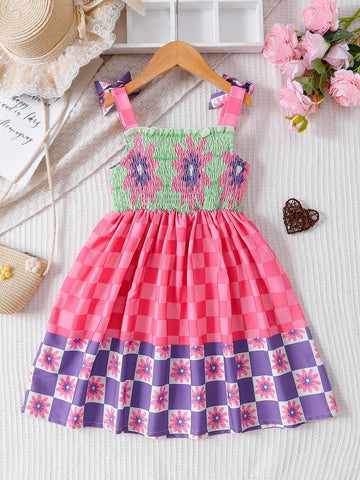 Girls" Slim Fit Patchwork Plaid Countryside Style Suspenders Dress