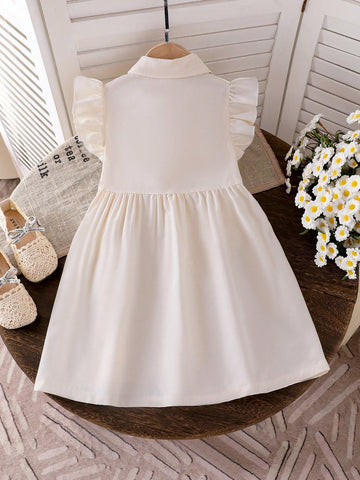 Girls (Small) Apricot Sleeveless Collared 3D Floral Decor Dress