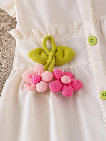 Girls (Small) Apricot Sleeveless Collared 3D Floral Decor Dress