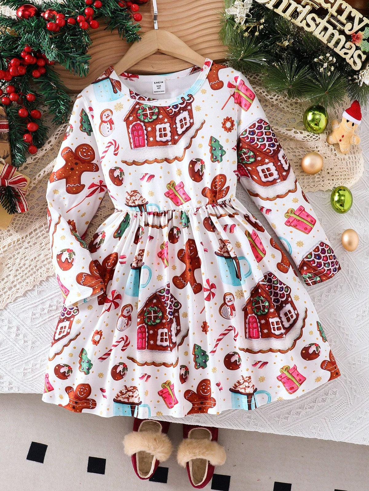 Girls (Small) Christmas Cookie Man & Gingerbread House Print Cinched Waist Dress, Christmas Gift Outfit