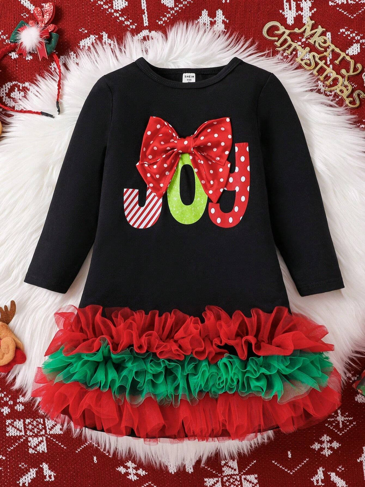 Girls (Small) Christmas Net Patchwork Hem Letter Print 3D Bow Decorated Long Sleeve Casual Dress, Suitable For Holiday Gathering In Autumn/Winter
