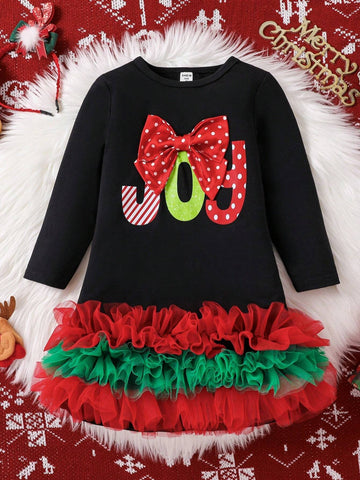 Girls (Small) Christmas Net Patchwork Hem Letter Print 3D Bow Decorated Long Sleeve Casual Dress, Suitable For Holiday Gathering In Autumn/Winter