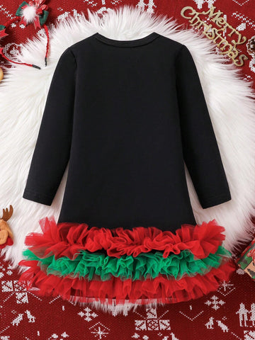Girls (Small) Christmas Net Patchwork Hem Letter Print 3D Bow Decorated Long Sleeve Casual Dress, Suitable For Holiday Gathering In Autumn/Winter