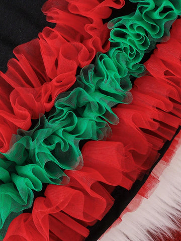 Girls (Small) Christmas Net Patchwork Hem Letter Print 3D Bow Decorated Long Sleeve Casual Dress, Suitable For Holiday Gathering In Autumn/Winter