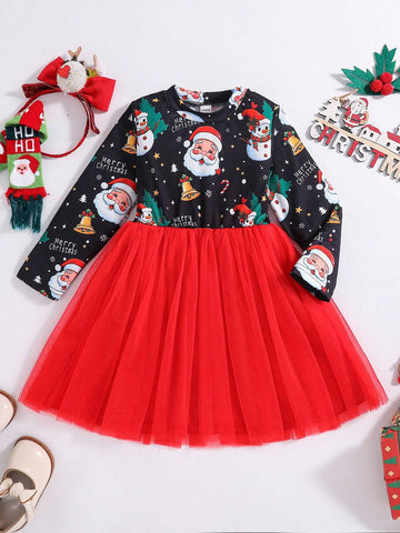 Girls (Small) Crew Neck Long Sleeve Solid Color Splicing Casual Dress