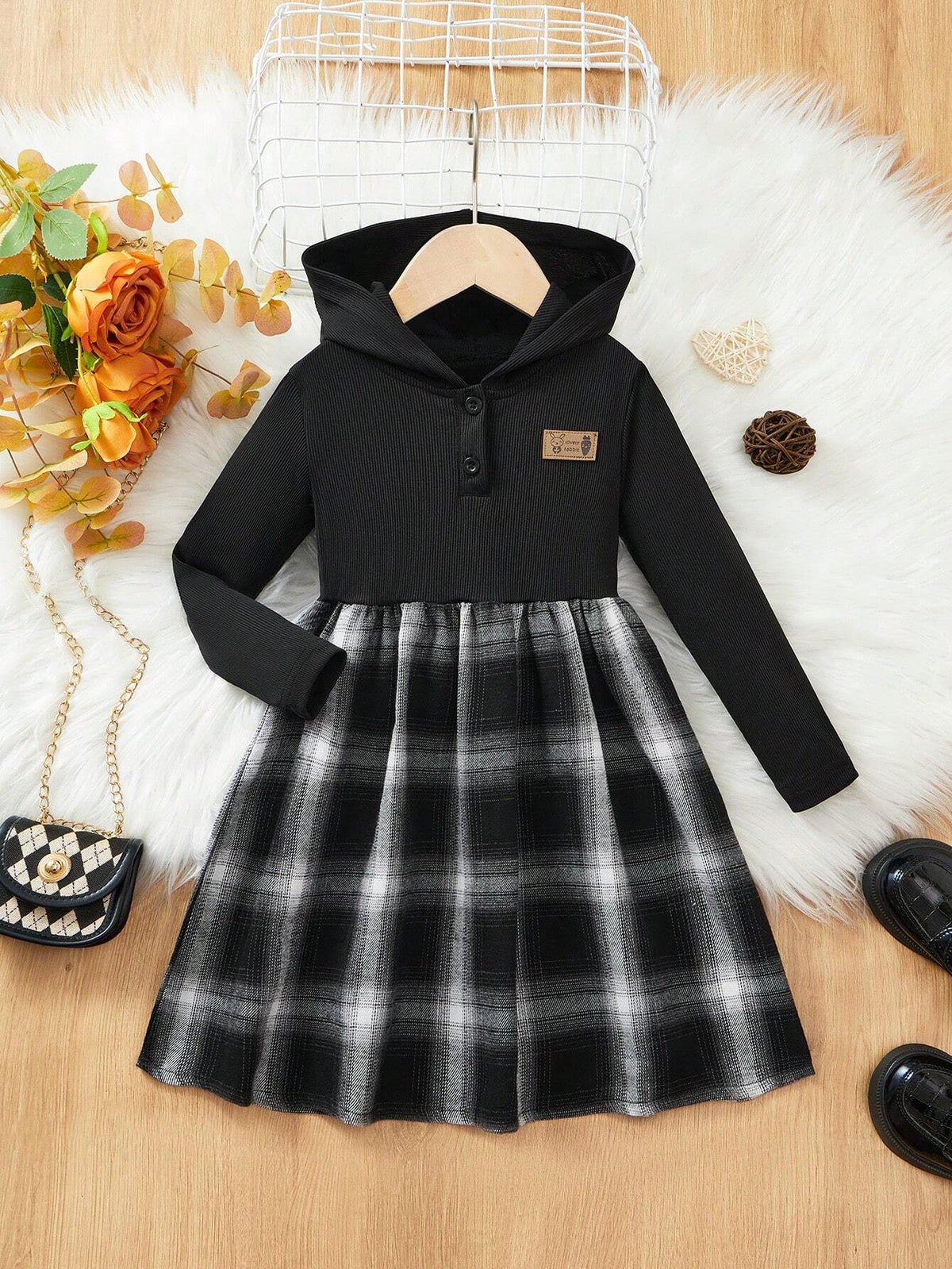Girls (Small) Front Button Long Sleeve Solid-Color & Shiny Patchwork Casual Dress