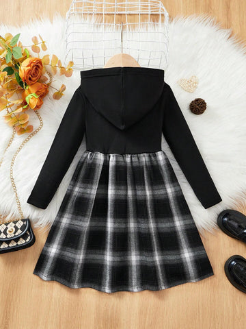 Girls (Small) Front Button Long Sleeve Solid-Color & Shiny Patchwork Casual Dress