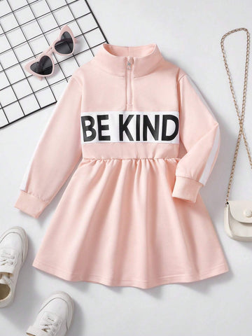 Girls (Small) Front Zip Letter Print Color Block Long Sleeve Dress
