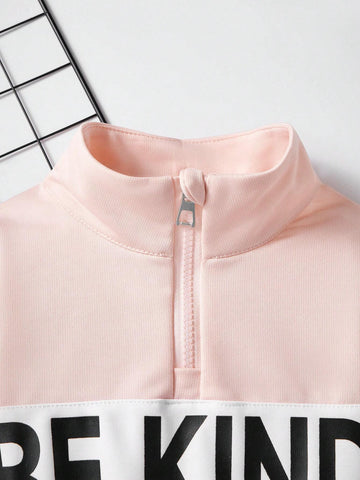 Girls (Small) Front Zip Letter Print Color Block Long Sleeve Dress