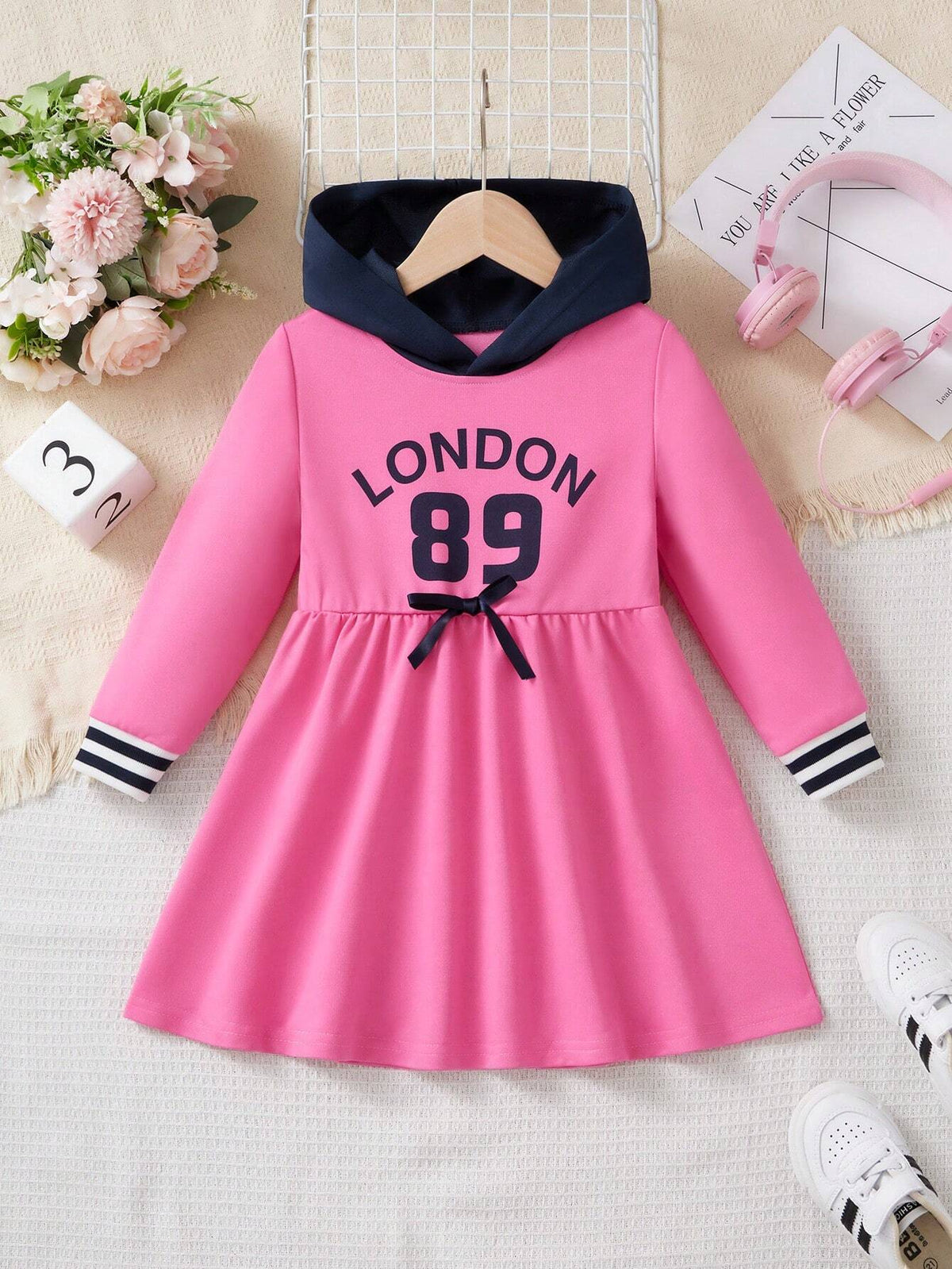 Girls (Small) Long Sleeve Solid Color Patchwork Digit Print Drawstring Casual Dress