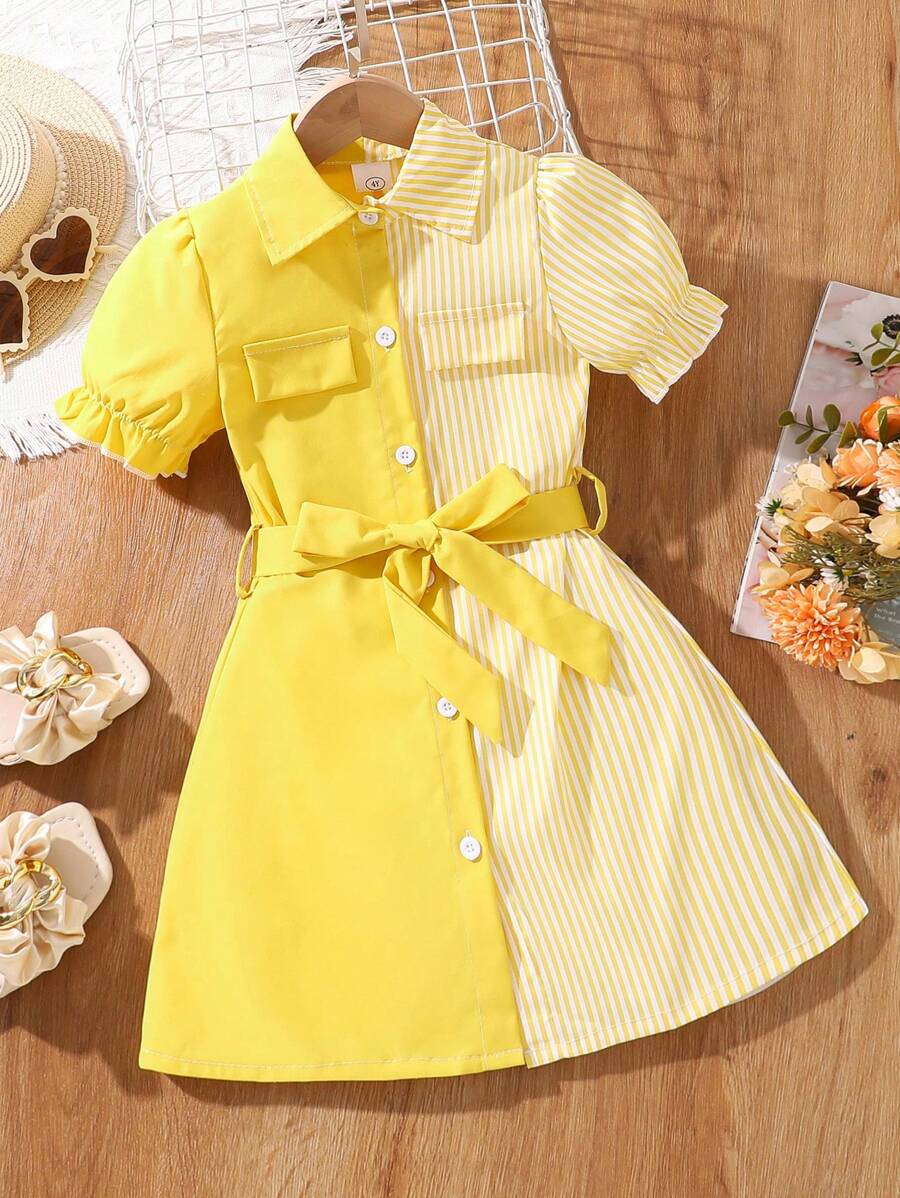 Girls (Small) Puff Sleeve Short Sleeve Splice Lapel Dress, Summer