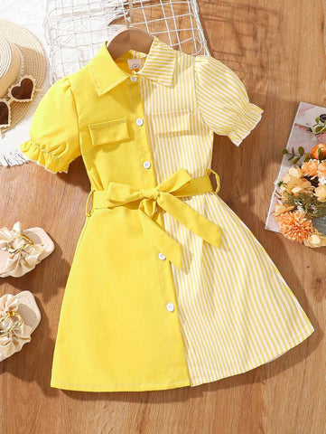 Girls (Small) Puff Sleeve Short Sleeve Splice Lapel Dress, Summer