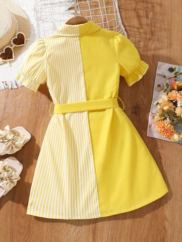 Girls (Small) Puff Sleeve Short Sleeve Splice Lapel Dress, Summer