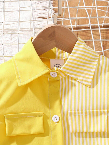Girls (Small) Puff Sleeve Short Sleeve Splice Lapel Dress, Summer