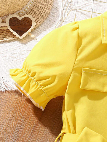 Girls (Small) Puff Sleeve Short Sleeve Splice Lapel Dress, Summer