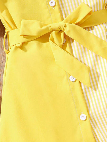 Girls (Small) Puff Sleeve Short Sleeve Splice Lapel Dress, Summer