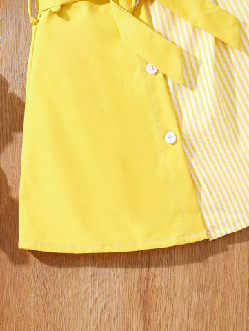 Girls (Small) Puff Sleeve Short Sleeve Splice Lapel Dress, Summer
