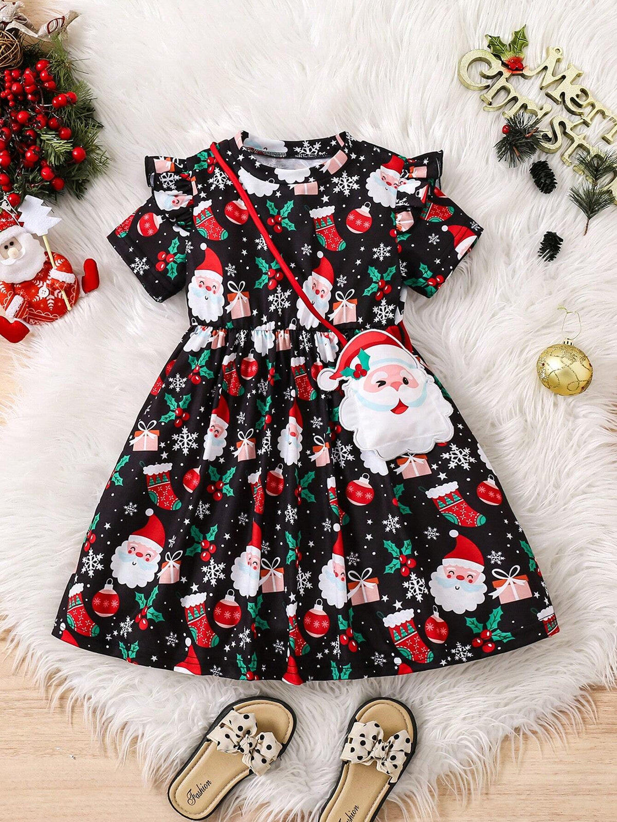 Girls (Small) Round Neck Short Sleeve All-Over Print Ruched Casual Dress