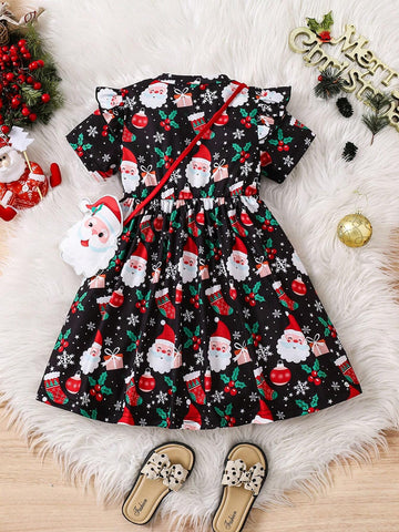 Girls (Small) Round Neck Short Sleeve All-Over Print Ruched Casual Dress