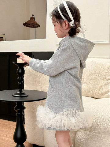Girls (Small) Ruffle Trim Patchwork Long Sleeve Pocket Minimalist Hooded Dress