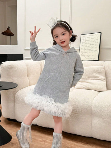 Girls (Small) Ruffle Trim Patchwork Long Sleeve Pocket Minimalist Hooded Dress