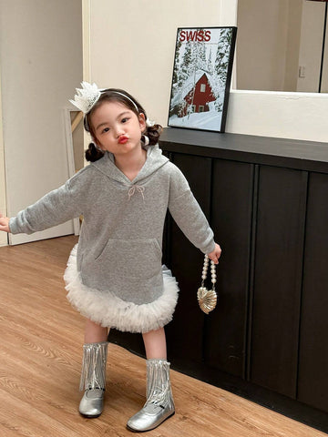 Girls (Small) Ruffle Trim Patchwork Long Sleeve Pocket Minimalist Hooded Dress