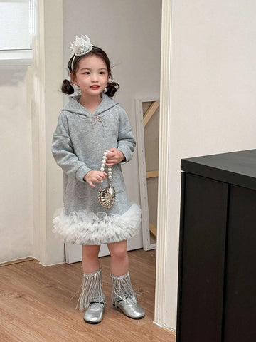 Girls (Small) Ruffle Trim Patchwork Long Sleeve Pocket Minimalist Hooded Dress