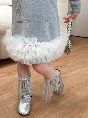 Girls (Small) Ruffle Trim Patchwork Long Sleeve Pocket Minimalist Hooded Dress