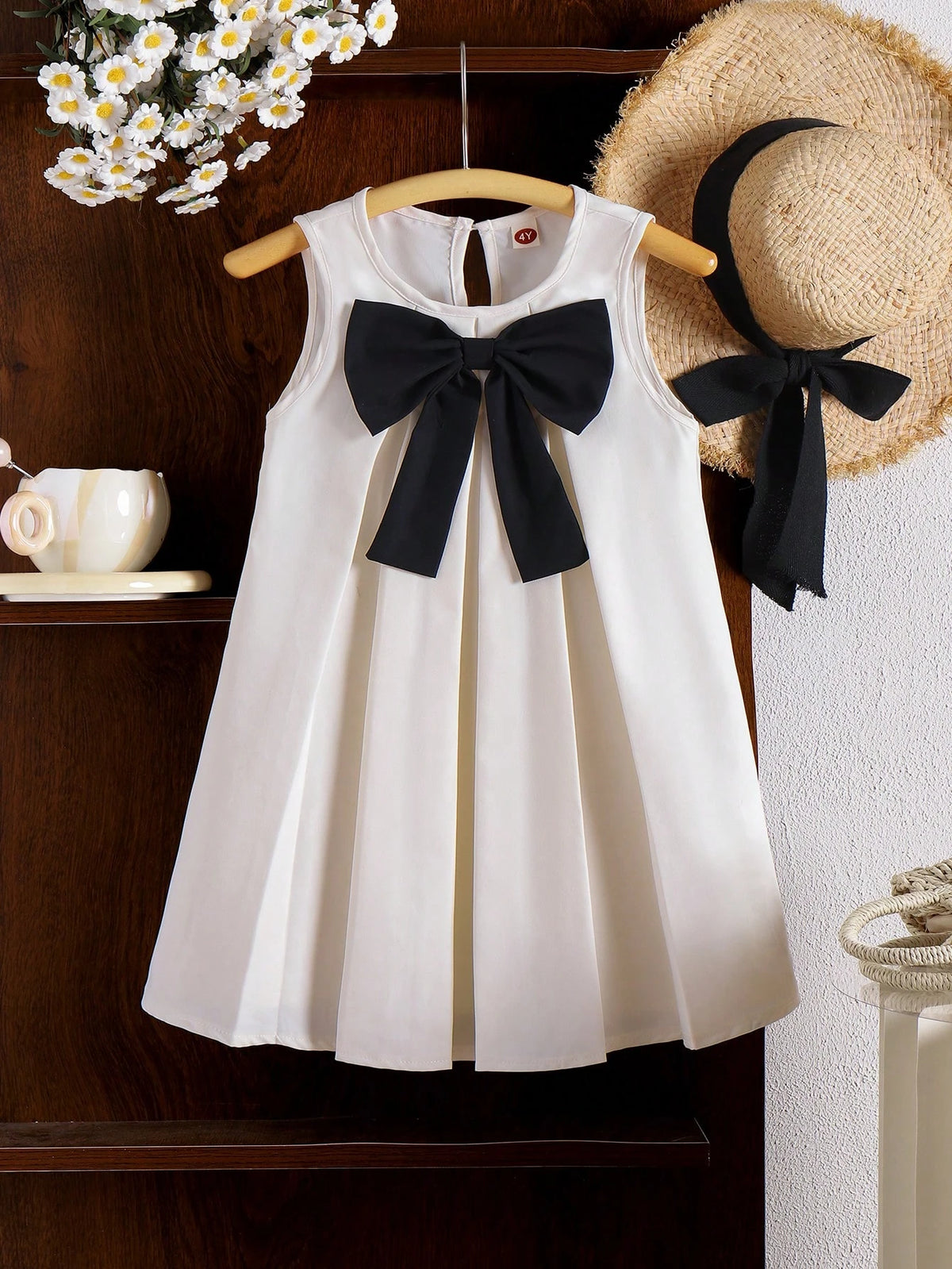 Girls Small Size Apricot Sleeveless Dress With Big Bow, Simple & Elegant Children Formal Dress, Summer Design