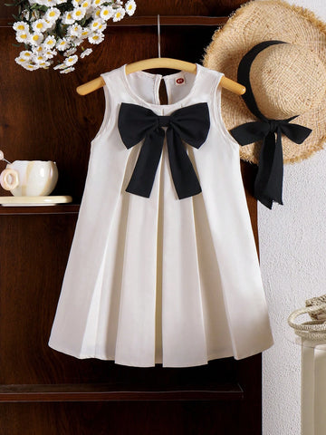 Girls Small Size Apricot Sleeveless Dress With Big Bow, Simple & Elegant Children Formal Dress, Summer Design