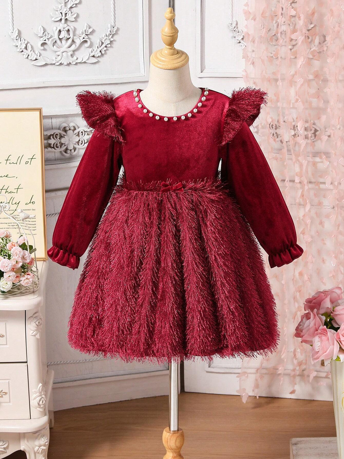 Girls (Small) Solid Color Faux Fur Patchwork Long Sleeve Pearl Embellished Dress