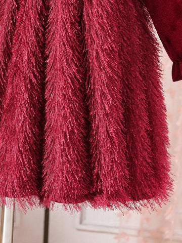 Girls (Small) Solid Color Faux Fur Patchwork Long Sleeve Pearl Embellished Dress